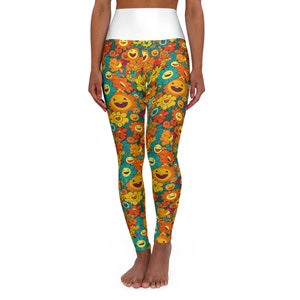 High Waisted Yoga Leggings All over Print Psychedelic Happy Faces Skinny fit