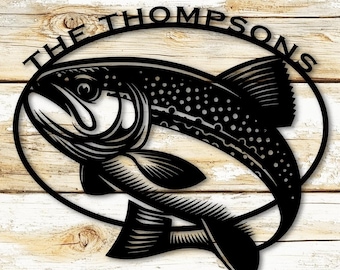Fish Metal Name Sign, Trout Fish Sign with Custom Text | Personalized Metal Fisherman Gift | Rustic Lake House Decor | Custom Steel Sign