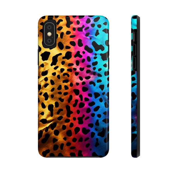 Wild Child Psychedelic Rainbow Leopard Print iPhone Case, Tough Case iPhone 14 Plus 13 12 7 8 SE Trippy Hippie Boho Style, Phone Case
