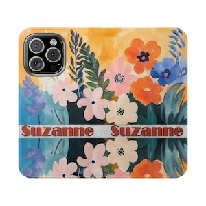 Funda de teléfono con tapa personalizada estilo pintura floral Matisse vintage, funda de piel sintética con nombre personalizado para iPhone 16, 15 y Samsung S25 y S24.