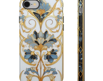 May include: A white iPhone case with a gold and blue floral design. The design features intricate details and a repeating pattern.