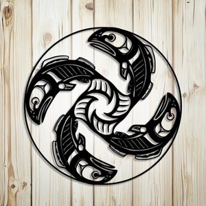 May include: Black metal wall art featuring a stylized design of four salmon arranged in a circular pattern. The fish are intricately detailed with curved lines and shapes, creating a dynamic and symmetrical composition. The artwork is set against a light wood background.