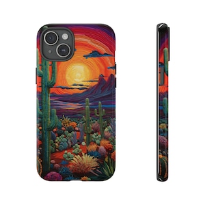 Cactus Desert Sunset iPhone 15, 15 Plus Étui de style broderie | iPhone 12 Mini, XR, XS Max, 8, 7, Arizona Southwest Vibe, Wanderlust