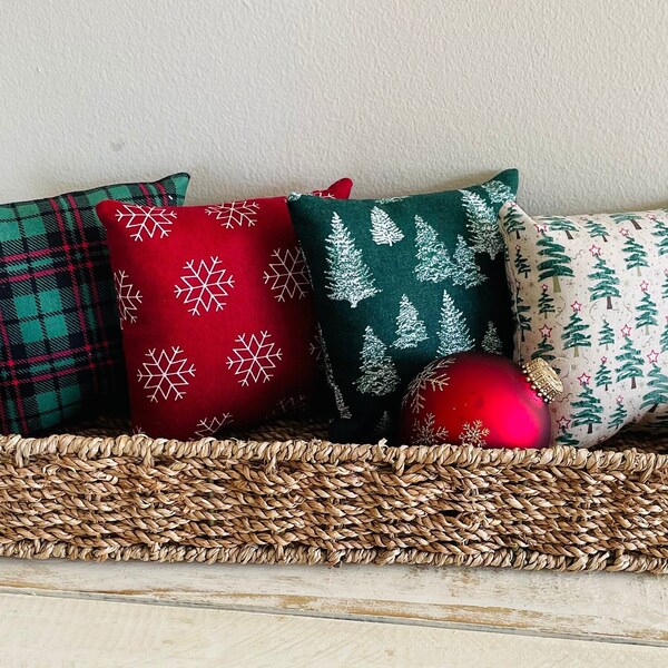 Red Snowflake/Green Christmas Tree/Green Plaid  5" x 5" Mini pillows/Shelf/Tiered Tray/Basket/Mantel Decor