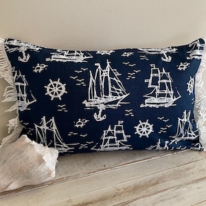 Nautical Blue and White Ships/Helm Beach Themed Fringed Rectangular Decorative Throw Pillow Cover