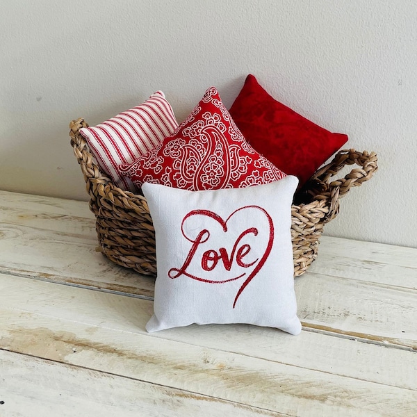 Valentine's Day Red and White Love Mini Pillows, Tiered Tray, Basket and Shelf decor