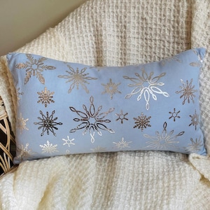 Blue and Silver Sparkle Foil Snowflake Flannel Winter/Christmas Throw Pillow Cover