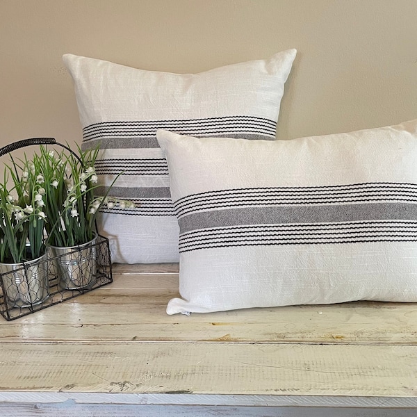 White and Dark Gray Striped Decorative Pillow Cover
