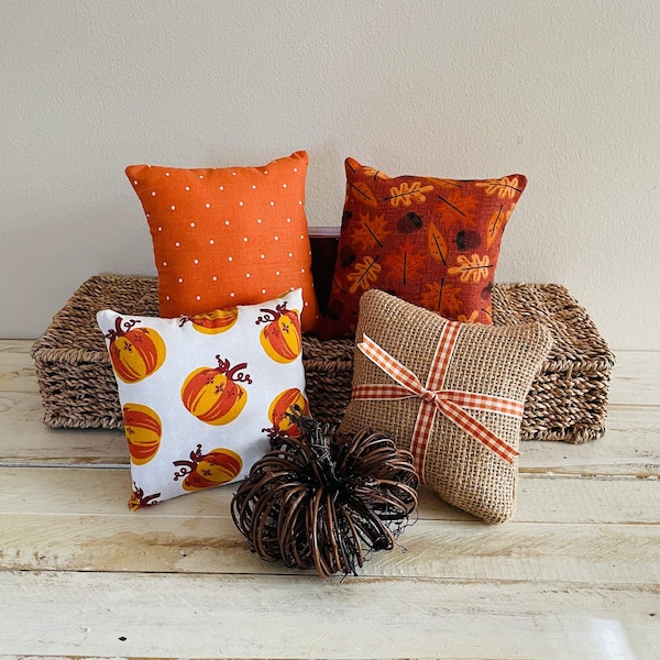 Fall Pumpkin/Leaves/ Burlap/Orange Polka Dot 5" x 5" Mini Pillows/Shelf/Tiered Tray/Basket Decor