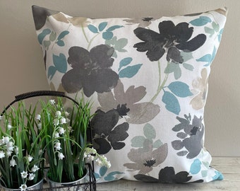 Gray/Teal/Brown Watercolor Floral Print Spring/Summer Decorative Throw Pillow Cover