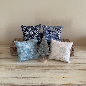 Blue, Silver, and White Snowflake Winter/Christmas  5&quot; x 5&quot; Mini Pillow/Shelf/Basket/Tiered Tray Decor