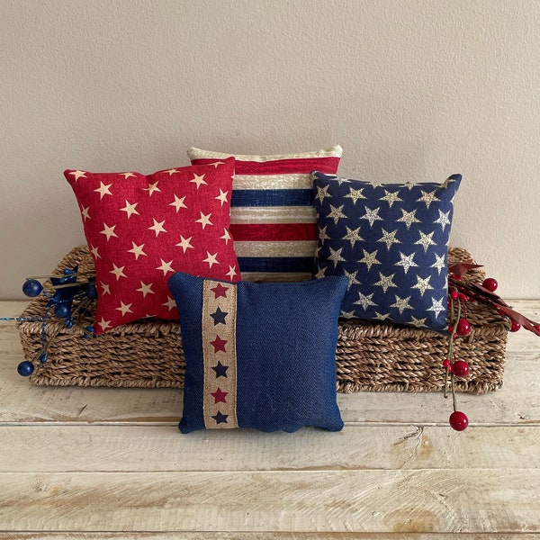 Red and blue stars and stripes patriotic 4th of July, Memorial Day 5" x 5" mini pillows,  tiered tray, shelf, basket decor