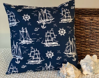 Nautical Navy Blue and White Clipper Ships/Helm Ocean/Beach Decorative Throw/Accent Pillow Cover