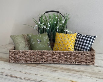 Bumblebee, Black and White Gingham, Green Burlap 5" x 5" Mini Pillows. Shelf, Tiered Tray, Basket, Fall/Spring Decor