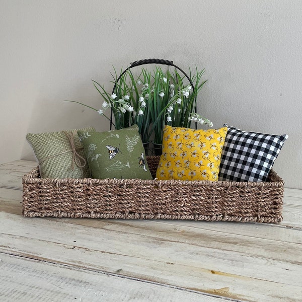 Bumblebee, Black and White Gingham, Green Burlap 5" x 5" Mini Pillows. Shelf, Tiered Tray, Basket, Fall/Spring Decor