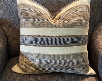 Blue, Tan, and Cream Striped Decorative Pillow Cover