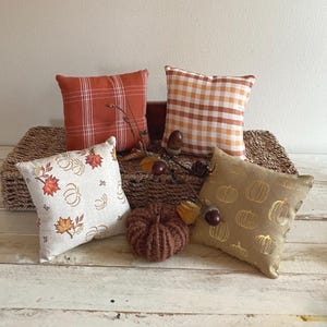Autumn Plaid Mini Pillow: Fall Pumpkin Decor for Tiered Tray, Basket (5" x 5")