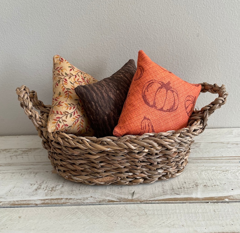 Fall/Thanksgiving 5 x 5 Mini Pillows/Orange Pumpkins/ Brown Leaves/ Shelf/Basket/Tiered Tray/Tabletop Decor image 3