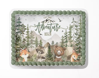 Woodland Baby Shower Cake Topper, Edible Image, Adventure Begins, Mountain,  Outdoor, Baby shower
