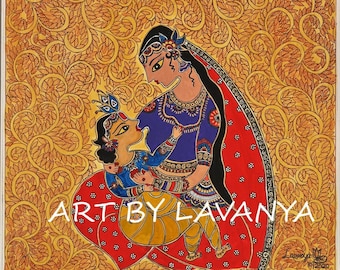 Madhubani painting of Yashodha  and Krishna-Indian Wall decor-Art Prints-Indian Folk Art