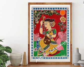 Madhubani Saraswathi-Handmade painting-Art Prints- Indian Folk Art- Wall Decor,