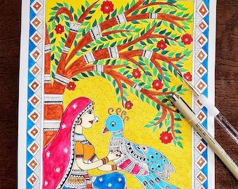 Madhubani Art -  Lady with peacock - Handmade painting-Art Prints- Indian Folk Art- Wall Decor,