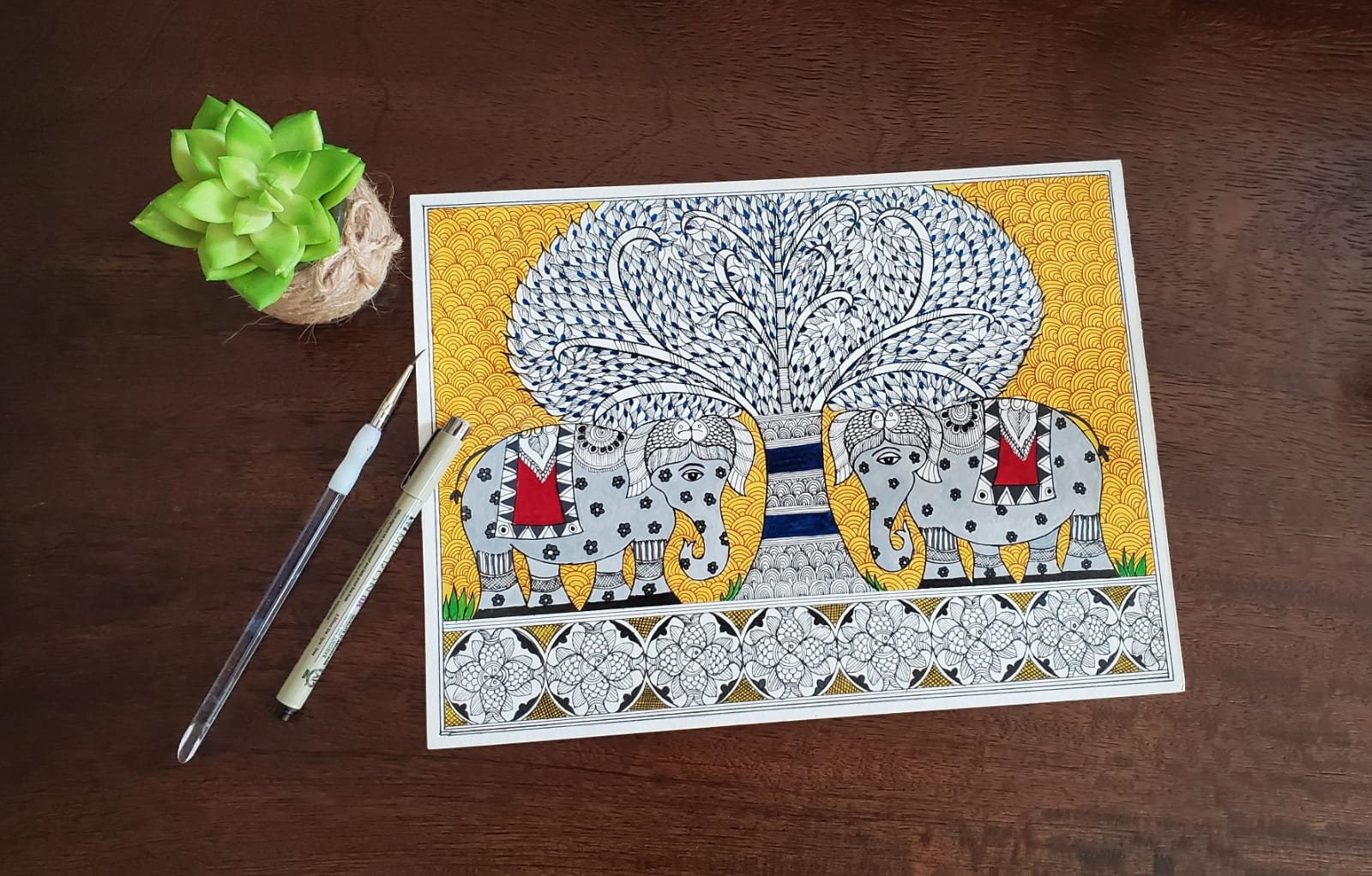 Multicolor - Tree of Life with Elephants Handpainted Madhubani Painting by Hira Devi (30 x 11 in)