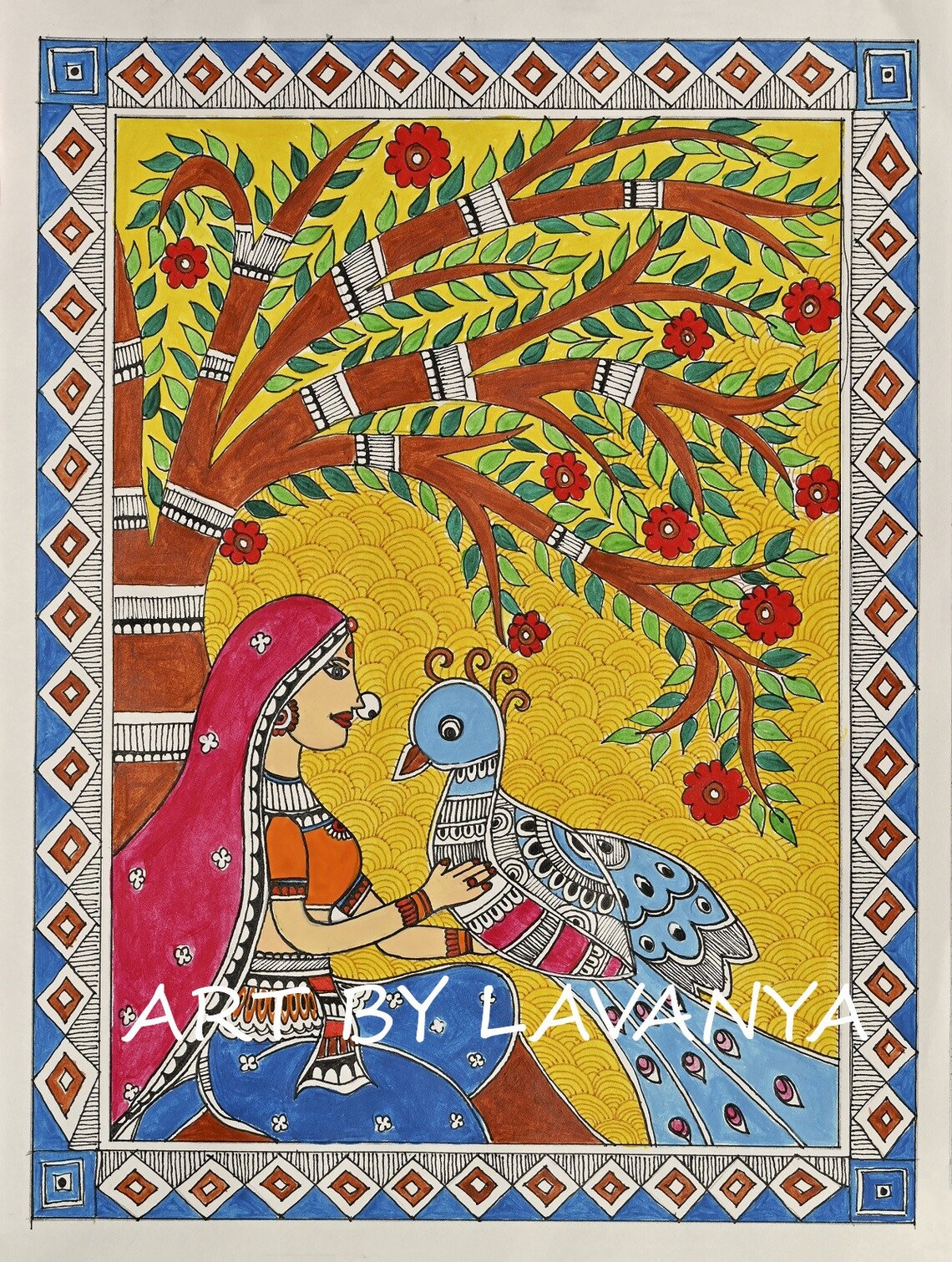 Madhubani Art Lady With Peacock Handmade Painting-art | Etsy