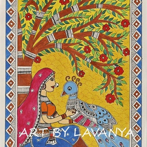 May include: A colorful painting of a woman in a pink and blue sari sitting with a peacock. The painting is done in a folk art style with a yellow background and a tree with red flowers.