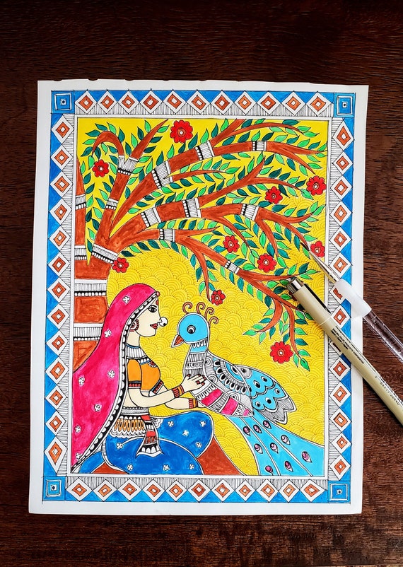 Madhubani Art Lady With Peacock Handmade Painting-art | Etsy