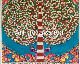 Tree of Life with peacocks- Madhubani Painting-Wall Decor - Indian Folk Art