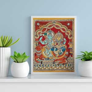 Lord Shiva Parvathi Painting -Kalamkari style-Indian Folk Art-Wall Decor