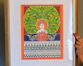 Madhubani Buddha - Handmade Painting - Ready to Hang - Wall Decor - Indian Folk Art