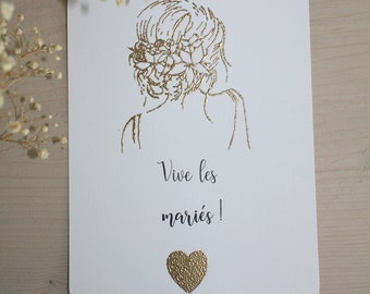 Cartes mariage, vive les mariés, avec cœur doré