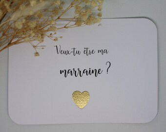 Carte Demande Marraine / Parrain avec cœur doré. Annonce grossesse, cadeau.