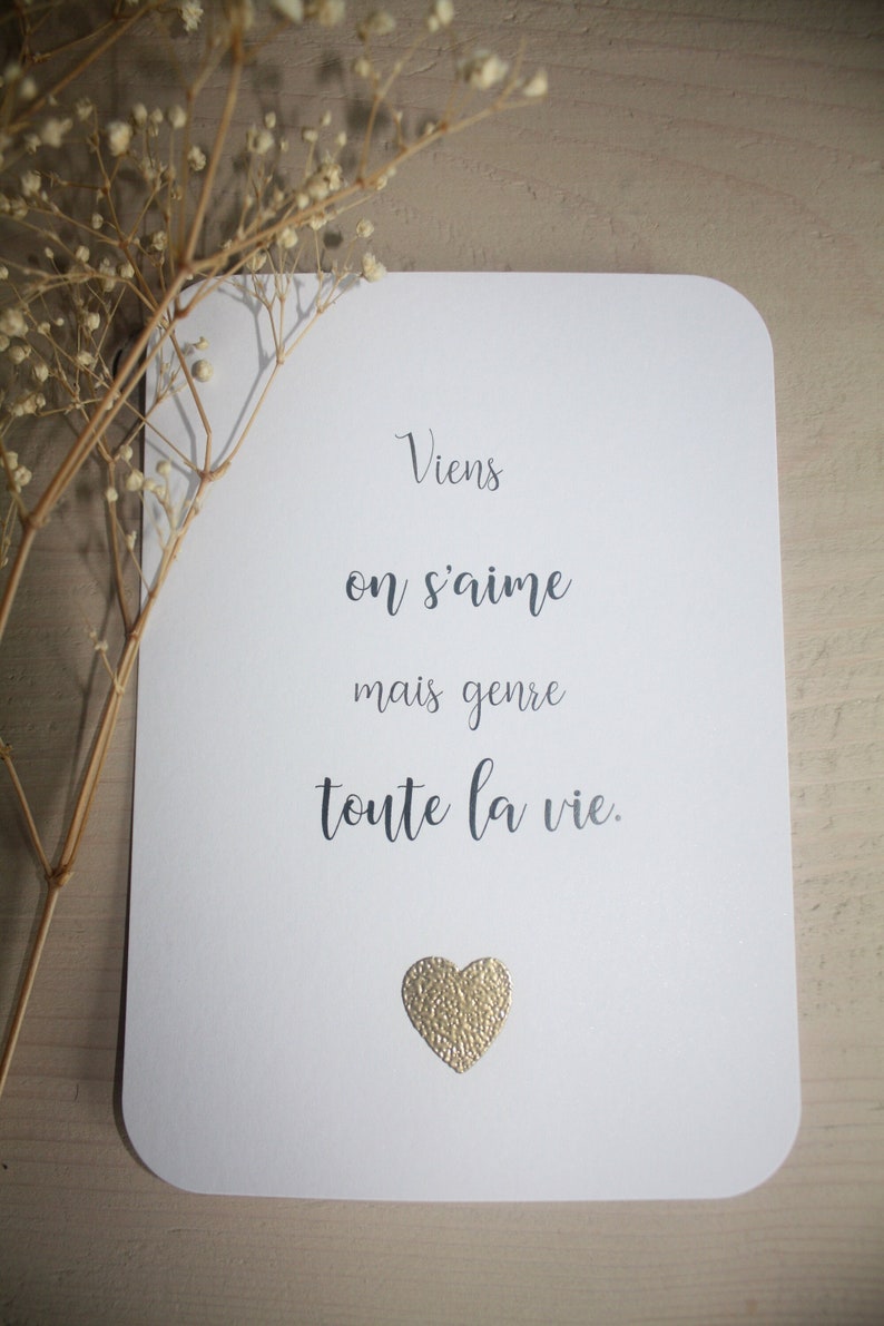 Carte citation amour "Viens on s'aime mais genre toute la vie". Cadeau Saint Valentin, mariage, couple, anniversaire rencontre image 1