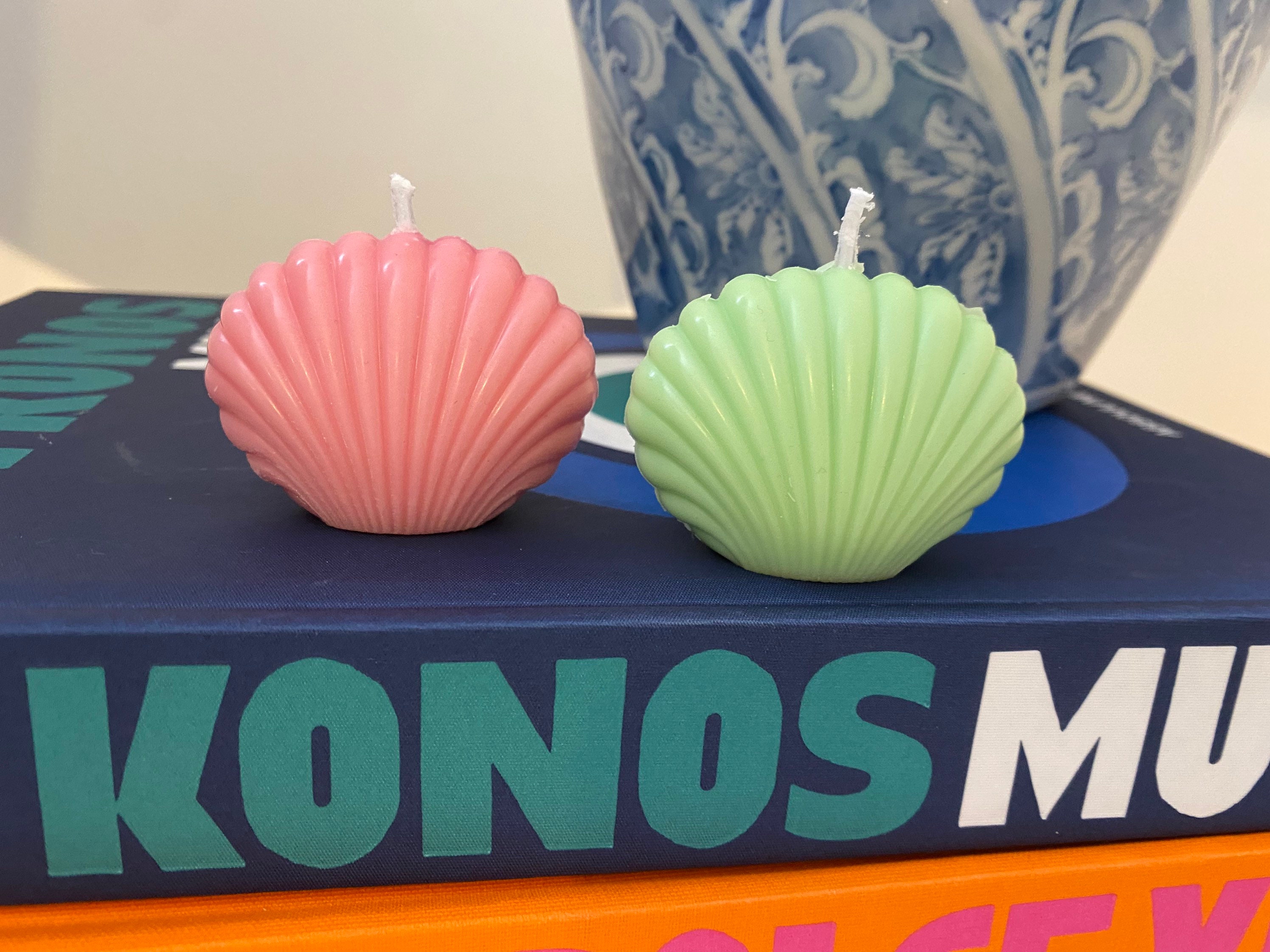 2 small shell candle set pink and green candles room decor Etsy