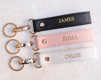 Personalized leather keychain with name, embossed vegan key holder, embossed monogram key fob for women gift , customizable key ring for men