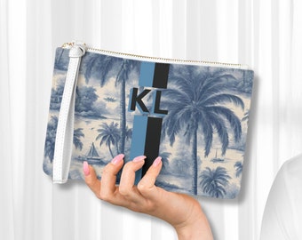 Monogram Leather Floral Blue Clutch Purse, Personalized Saffiano Clutch Purse, Custom Striped Pouch With Initials, BestFriend Birthday Gift