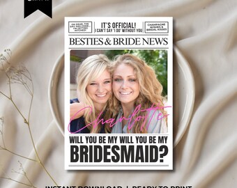 Custom Newspaper Printable Bridesmaid Proposal Card, Will You Be My Bridesmaid Card Template, Bridesmaid Proposal Card Digital Download