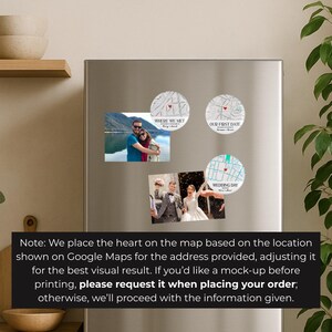 May include: A collection of personalized magnets on a refrigerator. The magnets include photos and map designs with text that reads "WHERE WE MET", "OUR FIRST DATE", and "WEDDING DAY". The magnets are round and rectangular.