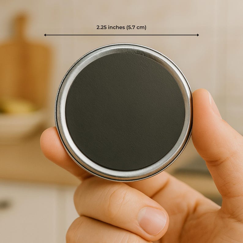 May include: A round, silver-colored metal object with a dark gray center, measuring 2.25 inches (5.7 cm) in diameter. The object is held in a person's hand, with a blurred background.