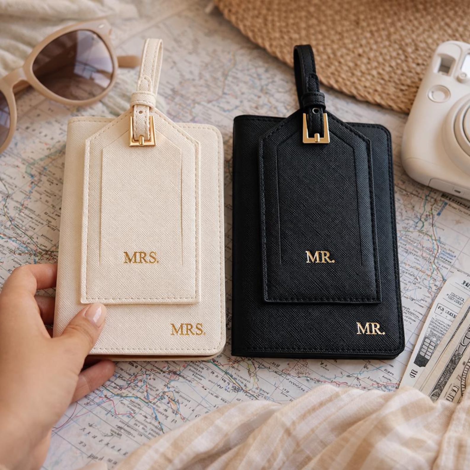 Mr & Mrs Passport Cover and Luggage Tag | Honeymoon Gift - Minimalist Gold, Beige