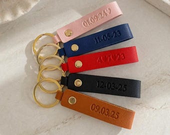 Embossed Leather Keychain, Personalized Date & Initials, Anniversary Gift
