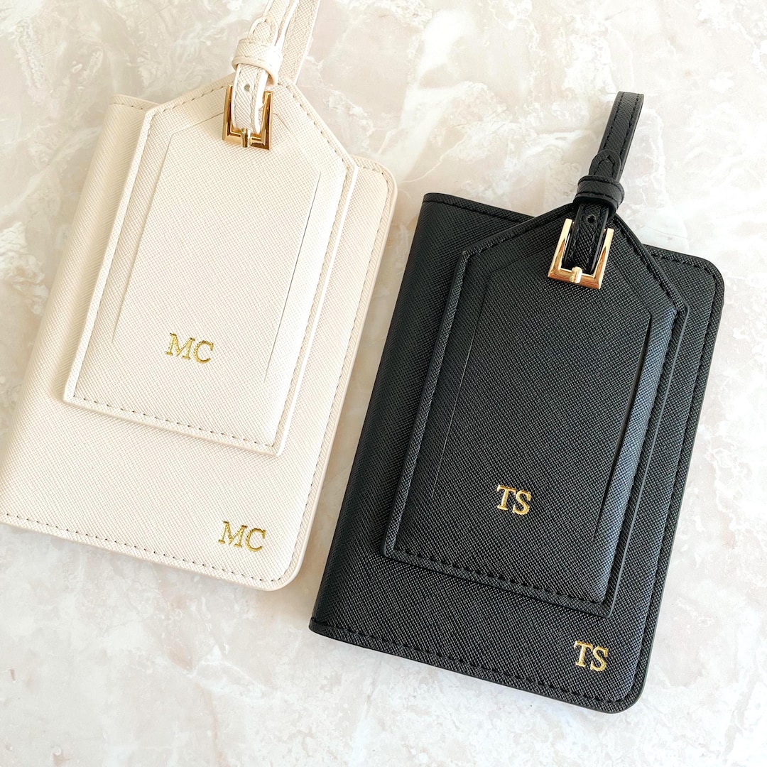 Personalized Leather Passport Holder and Luggage Tag Set, Mr and Mrs Passport Cover and Luggage Tag Honeymoon Gift, Wedding Gift for Couples - Classic Gold, Black