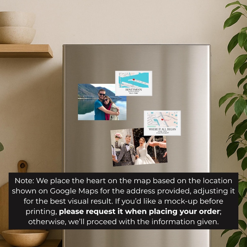 May include: A collection of personalized magnets displayed on a stainless steel refrigerator. The magnets feature photos and map designs, including the text "HONEYMOON" and "WHERE IT ALL BEGAN". The magnets are rectangular and square, with a variety of images.