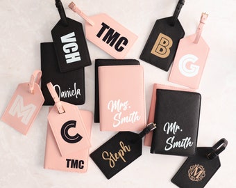 Personalized passport holder and luggage tag, leather monogram travel set, mr and mrs passport cover, bridal shower gift, bride to be gift