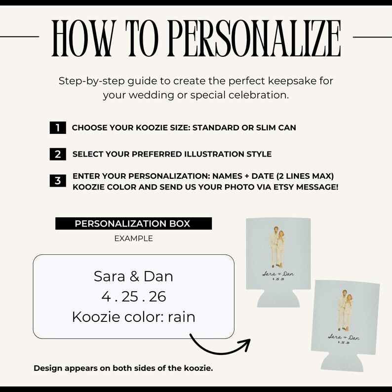 May include: A guide titled "HOW TO PERSONALIZE" with instructions for customizing a koozie for weddings or special events. The guide includes steps for choosing a size, illustration style, and entering personalization details. An example shows a koozie design.