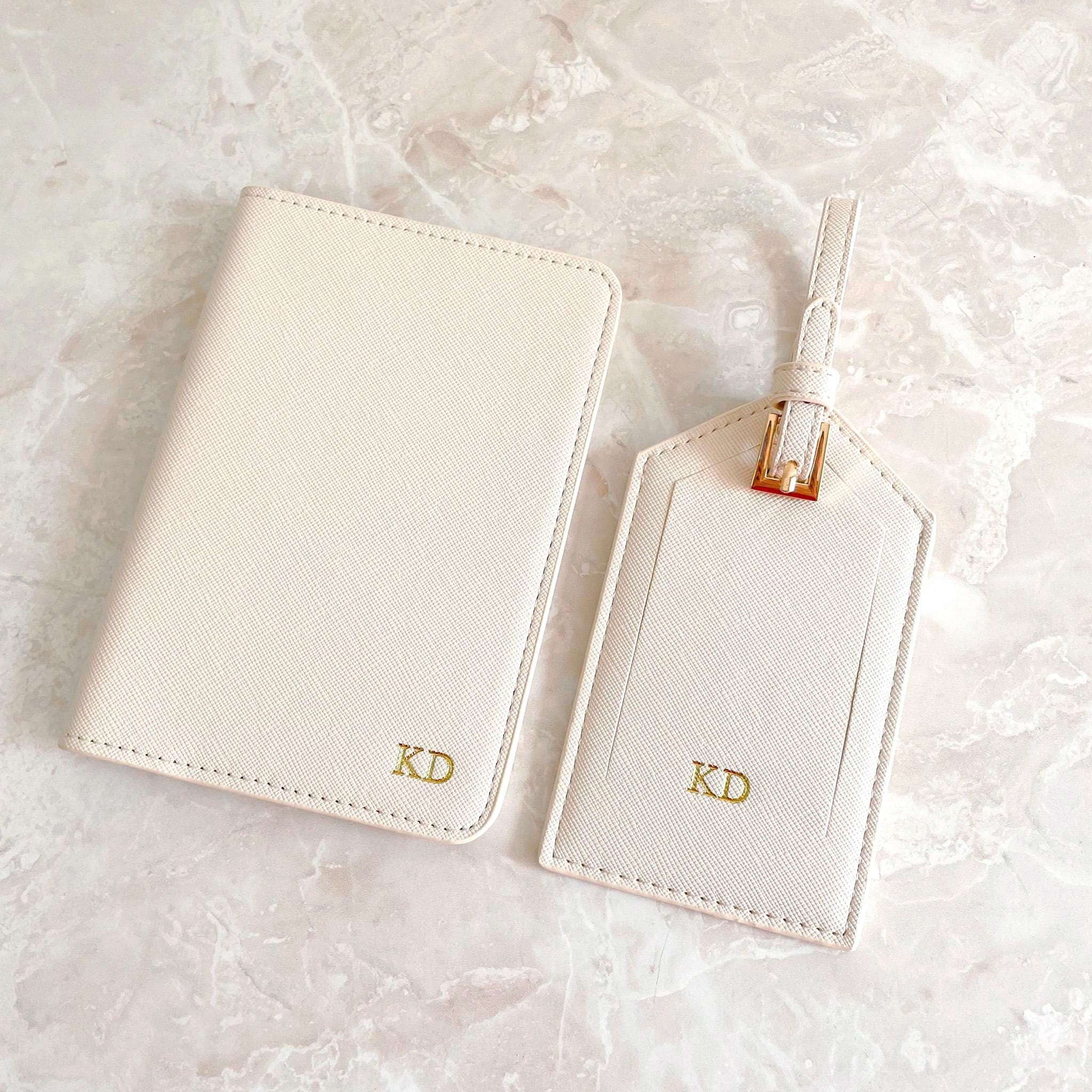 Custom Beige Leather Passport Holder and Luggage tag, Personalized Passport Cover and Luggage Tag Set, Monogram Leather Passport Case