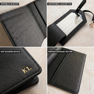 Peut inclure: Ensemble d'accessoires de voyage noirs, comprenant un porte-passeport et une &eacute;tiquette &agrave; bagages. Le porte-passeport comporte des fentes pour cartes et des initiales dor&eacute;es. L'&eacute;tiquette &agrave; bagages est r&eacute;glable.